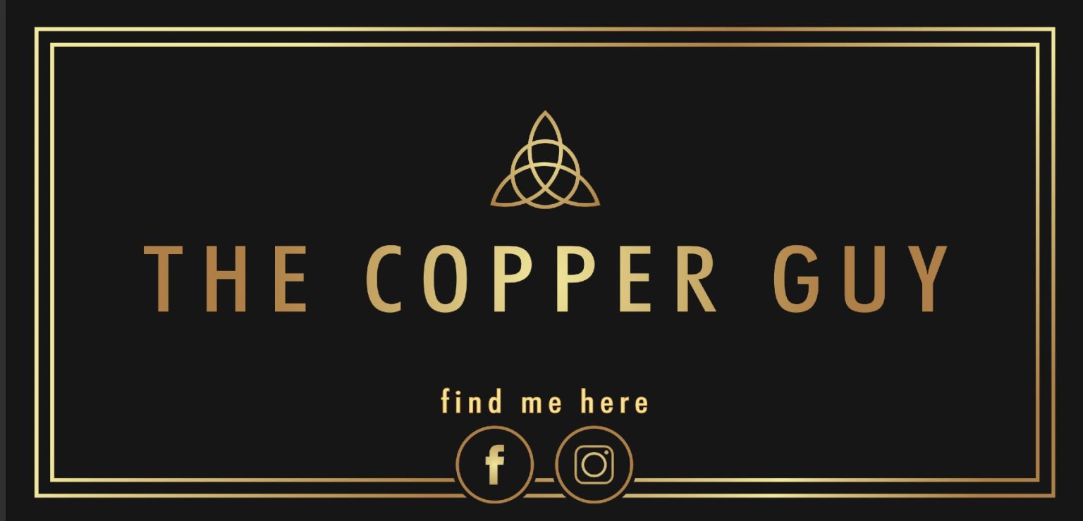The Copper Guy Logo. Black background with gold writing.